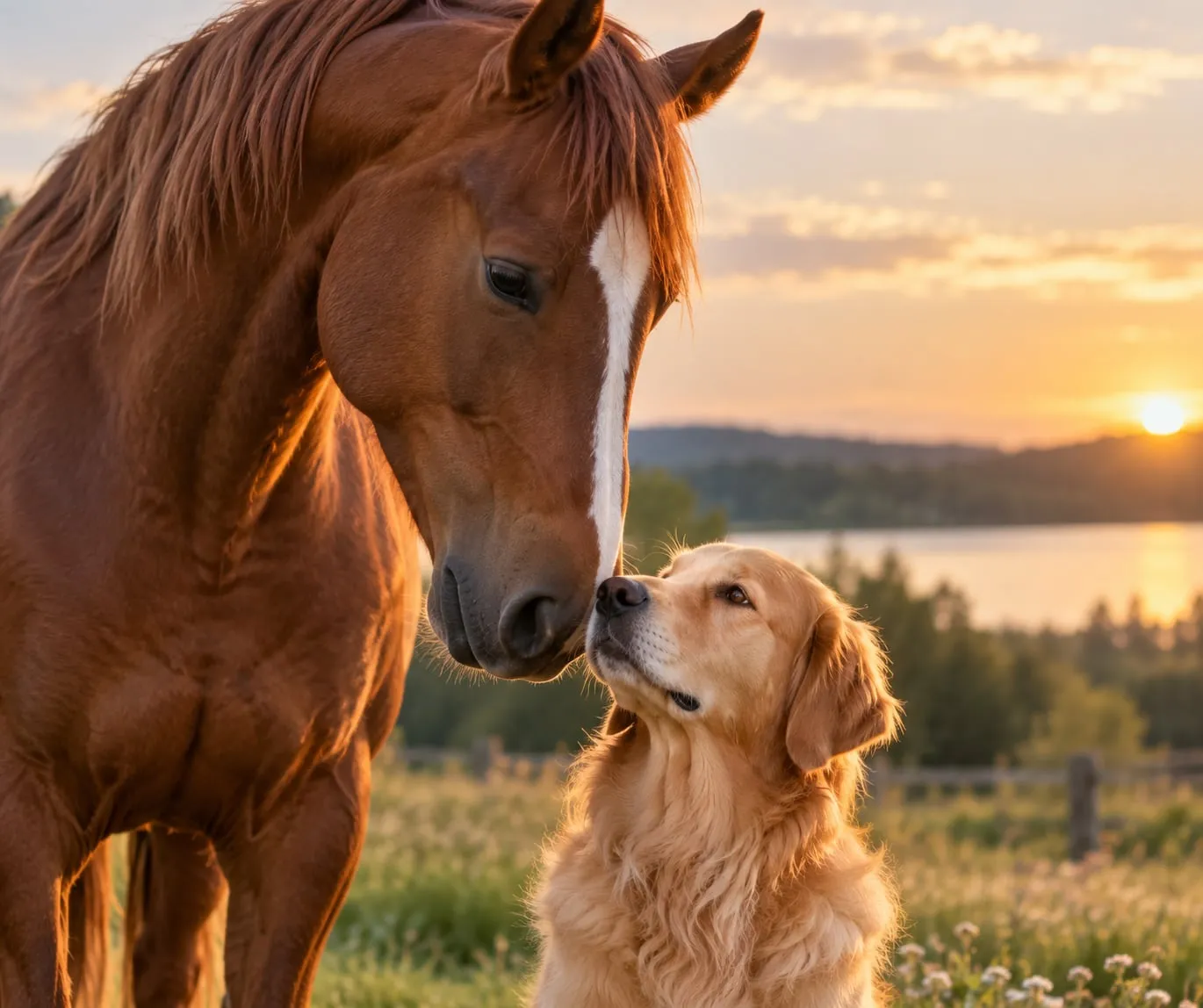 En häst och en golden retriever nära varandra i kvällsljus