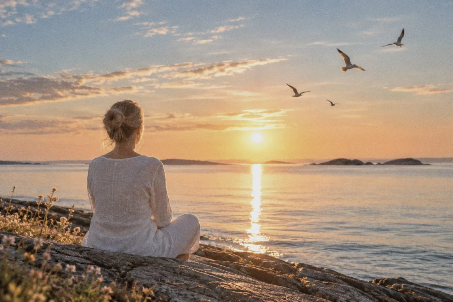 Kvinna sitter på klipporna vid havet och ser mot solnedgången