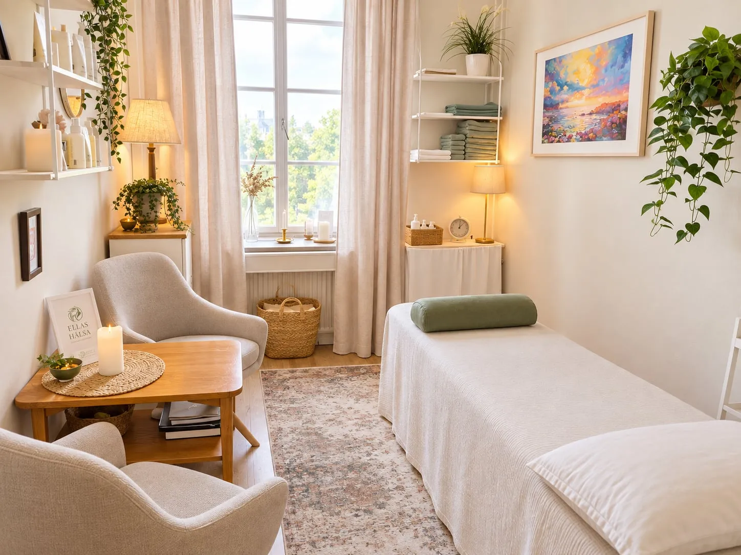 Behandlingsrummet i Bollnäs med massagebänk, fåtöljer, fönster och Ellas Hälsas skylt