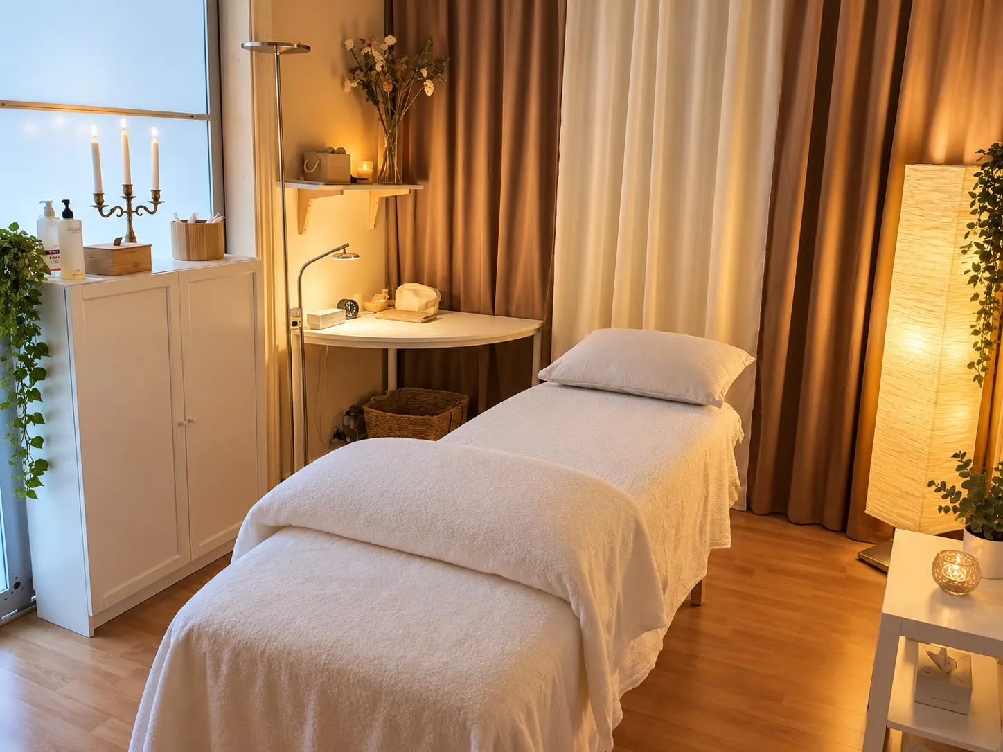 Behandlingsrummet i Hudiksvall med massagebänk, levande ljus, kandelaber och dämpad belysning