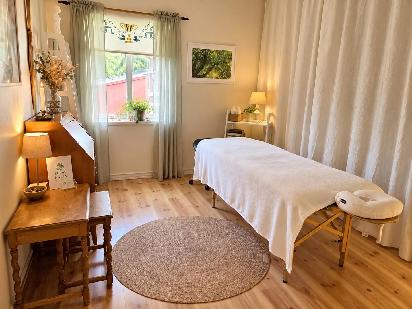 Behandlingsrummet i Vallsta med massagebänk, rund jutematta, sekretär och Ellas Hälsas skylt